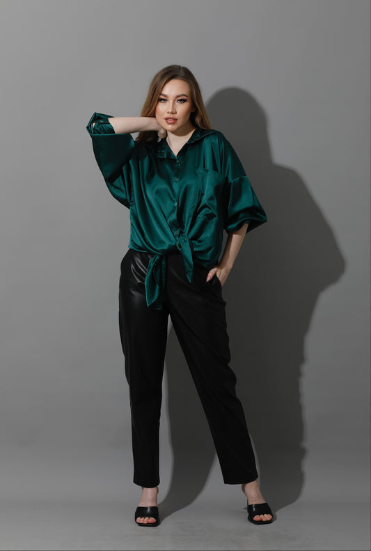 Oversized Satin Blouse - Dark Green