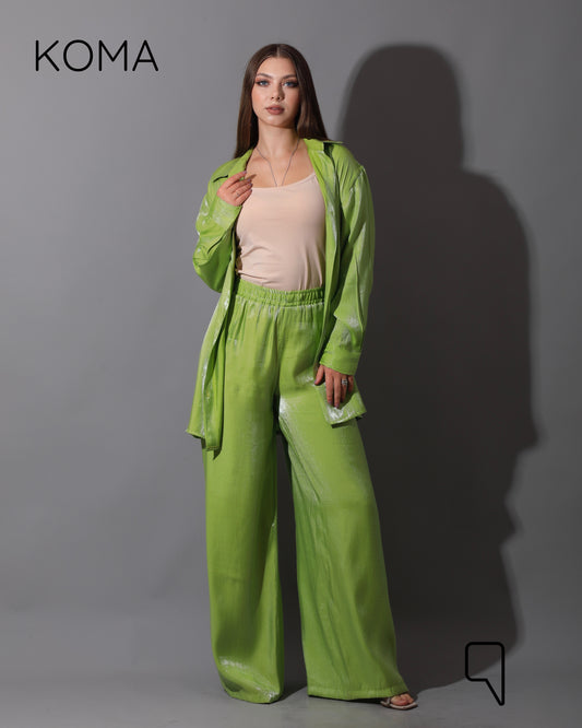 Shemer Long Shirt & Wide Leg Trousers Set - Lime Green