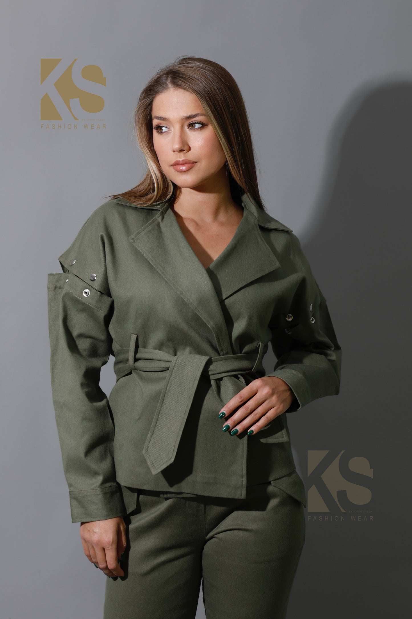 Co-Ord Detached Sleeves Jacket &  Tied BootCut pants - Olive