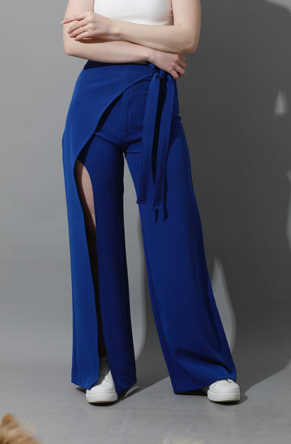 Wrap Pants With Front Slit - Electric Blue