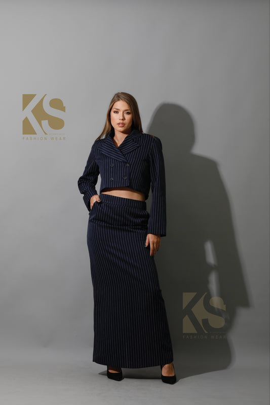Striped Cropped Blazer, Bra Top & Maxi Skirt Co-Ord - Navy