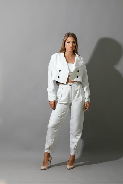 Striped Cropped Blazer Co-Ord - White