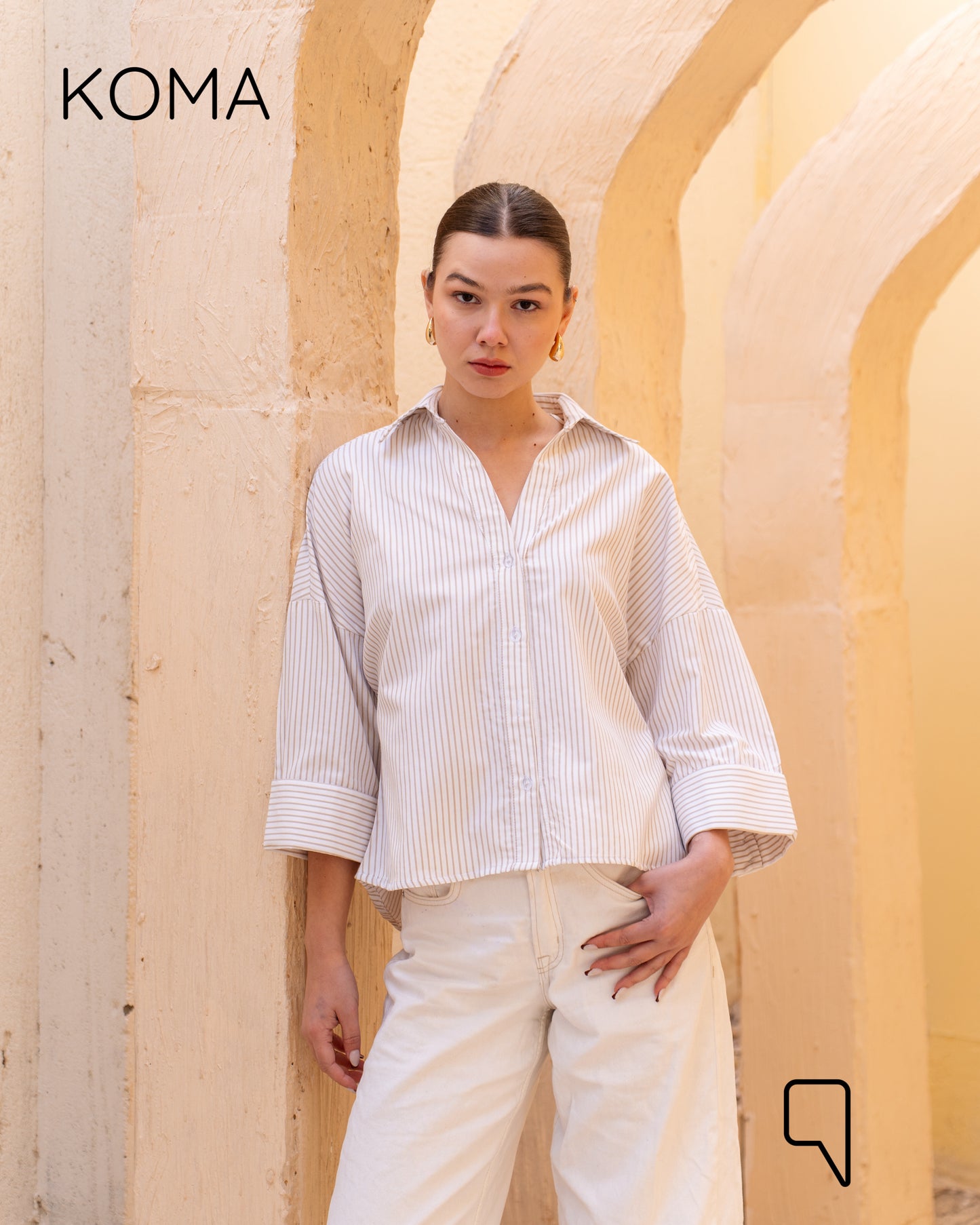 Sloane Striped Shirt With Wide Sleeves - Beige