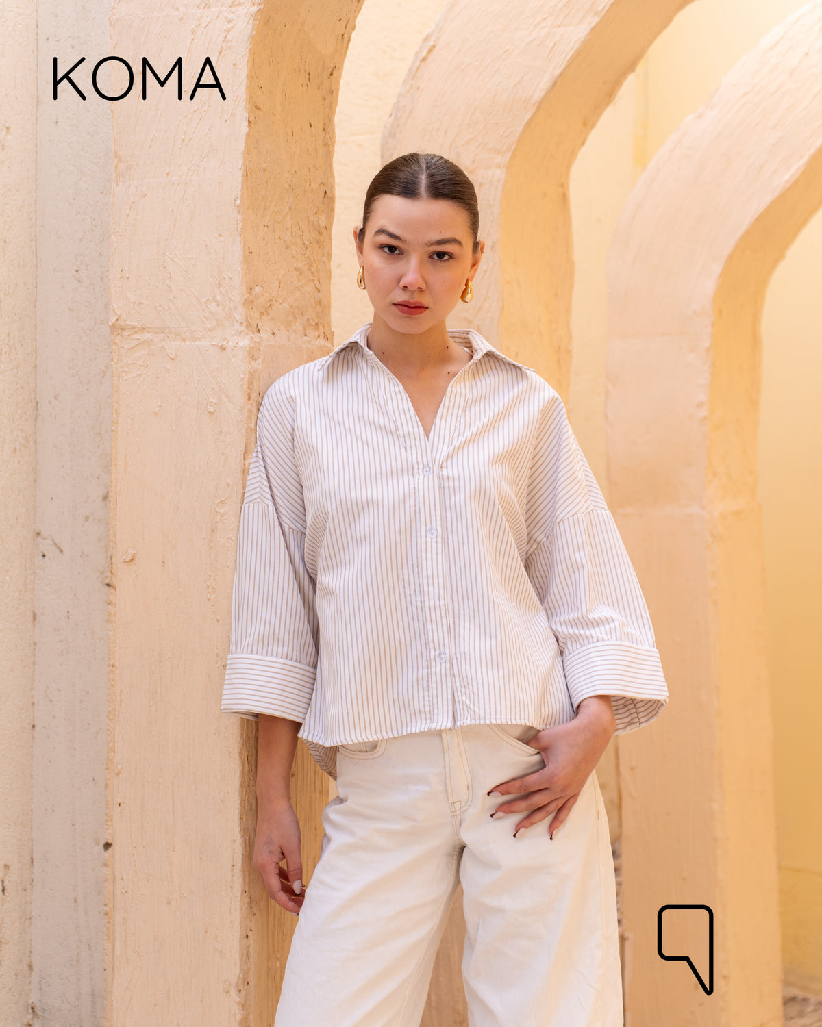 Sloane Striped Shirt With Wide Sleeves - Beige