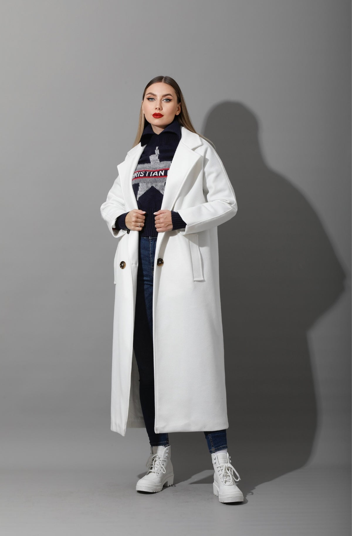 Darcy Long Double Breasted Coat - White