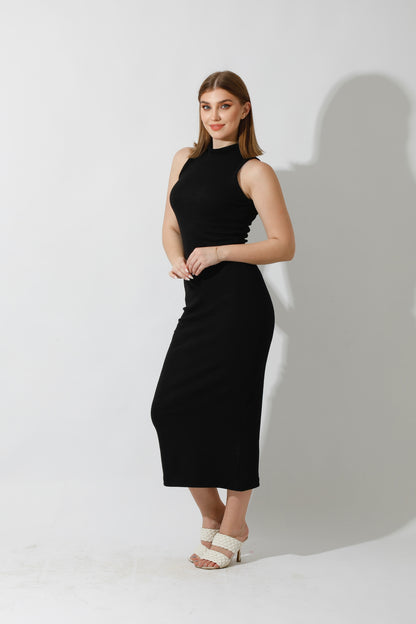Slinky High Neck Midi Sleeveless Dress - Black