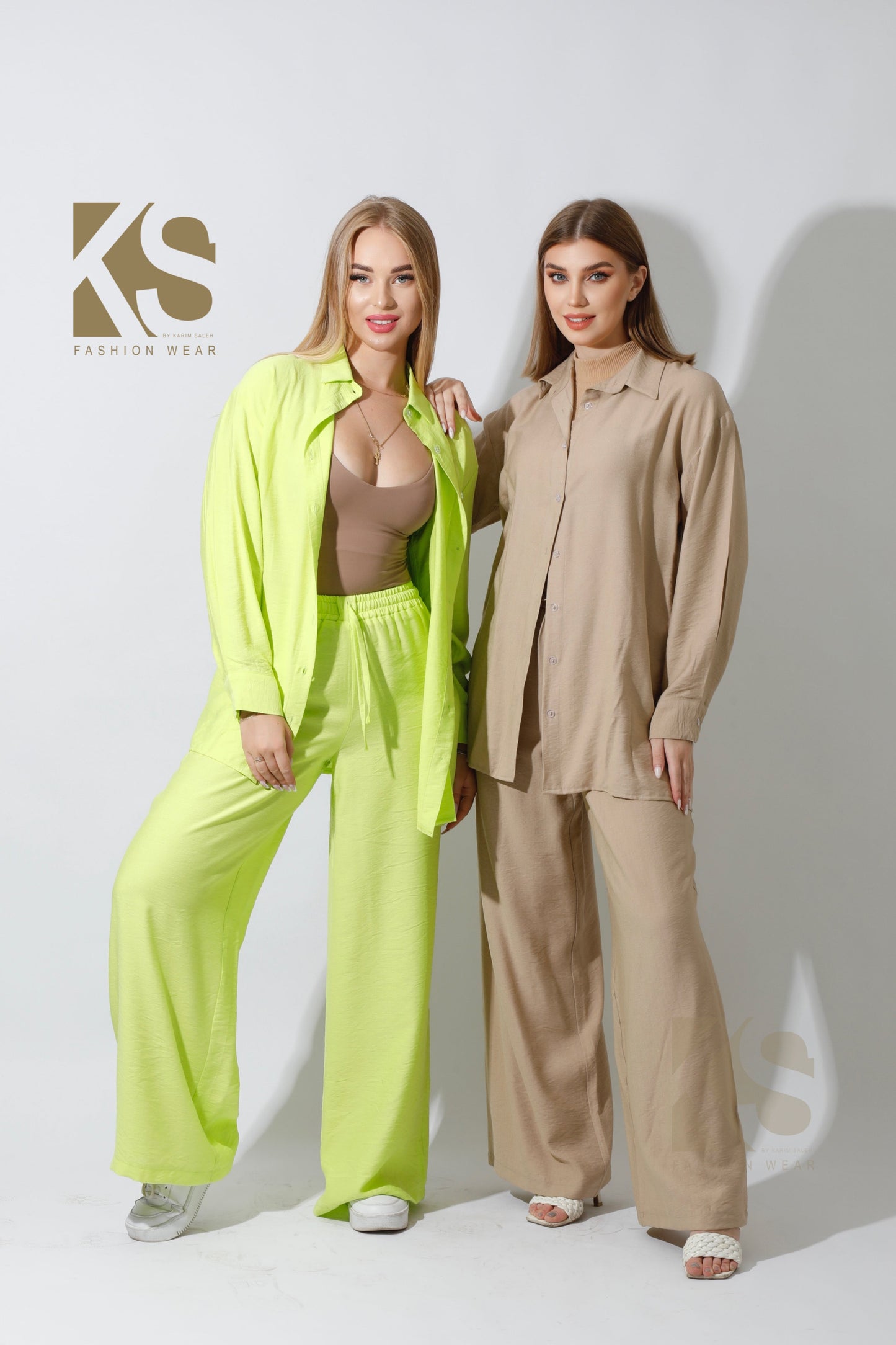 Wide Leg Trousers Set - Beige