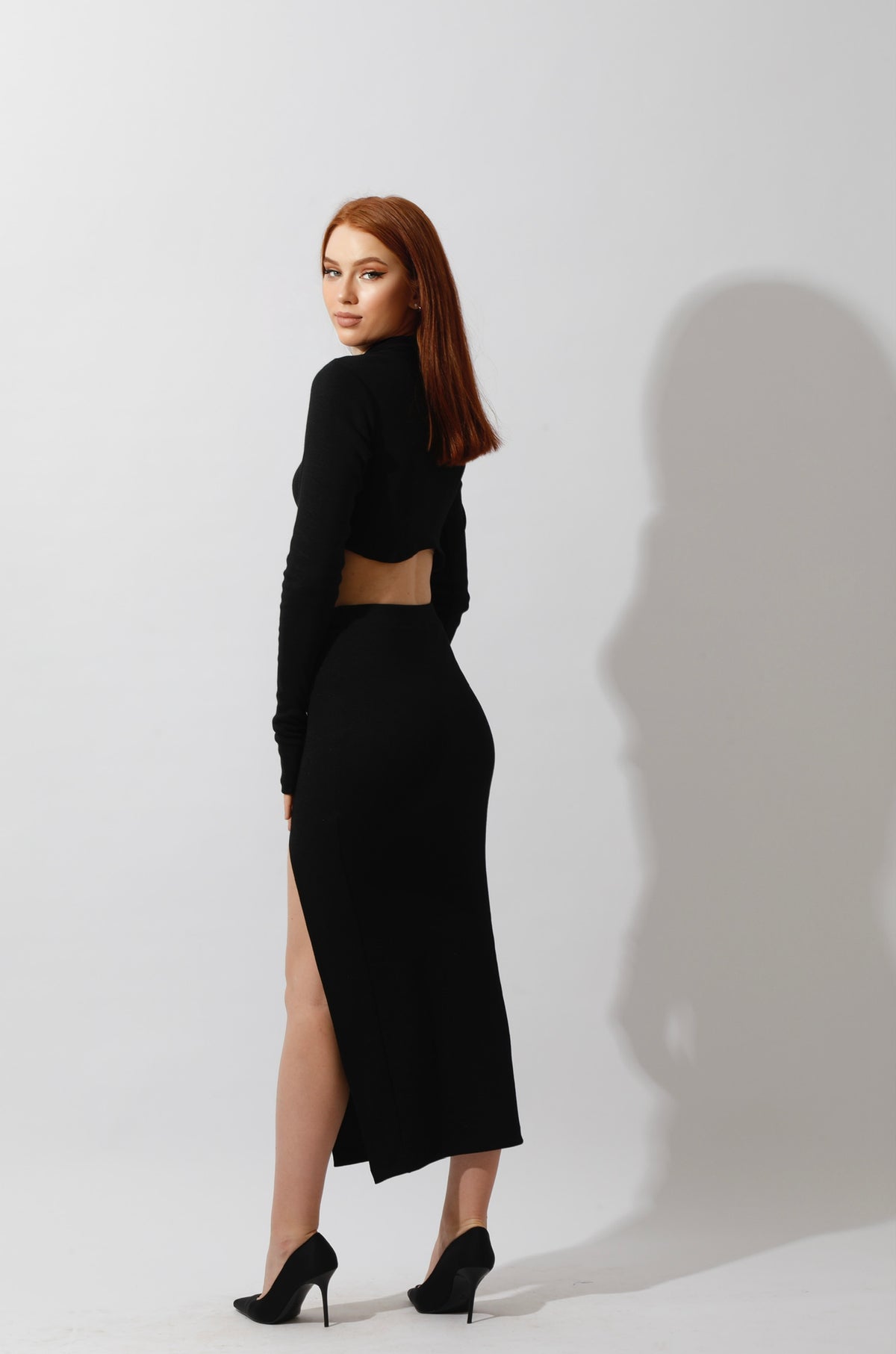 Co-ord Crop Top & Midi Skirt Rib Set - Black