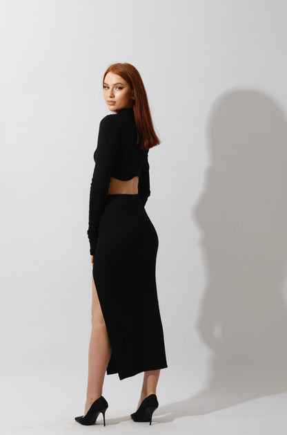 Co-ord Crop Top & Midi Skirt Rib Set - Black