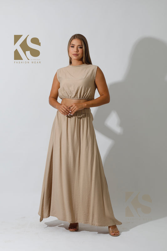 Co-Ord Crop Top & Maxi Side Slite Skirt - Beige