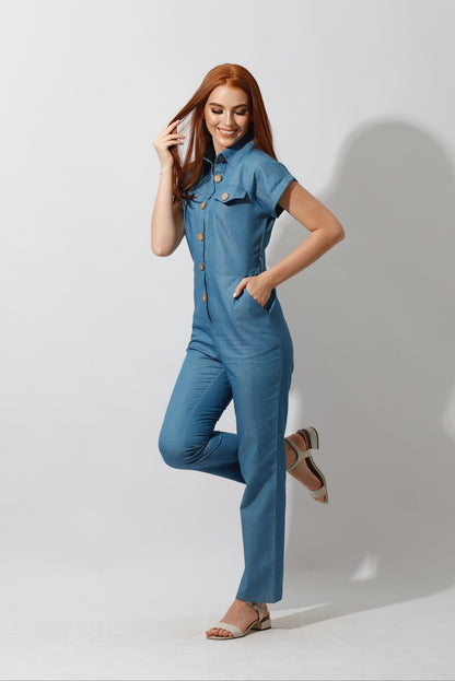 Buttons Jeans Jumpsuit - Blue