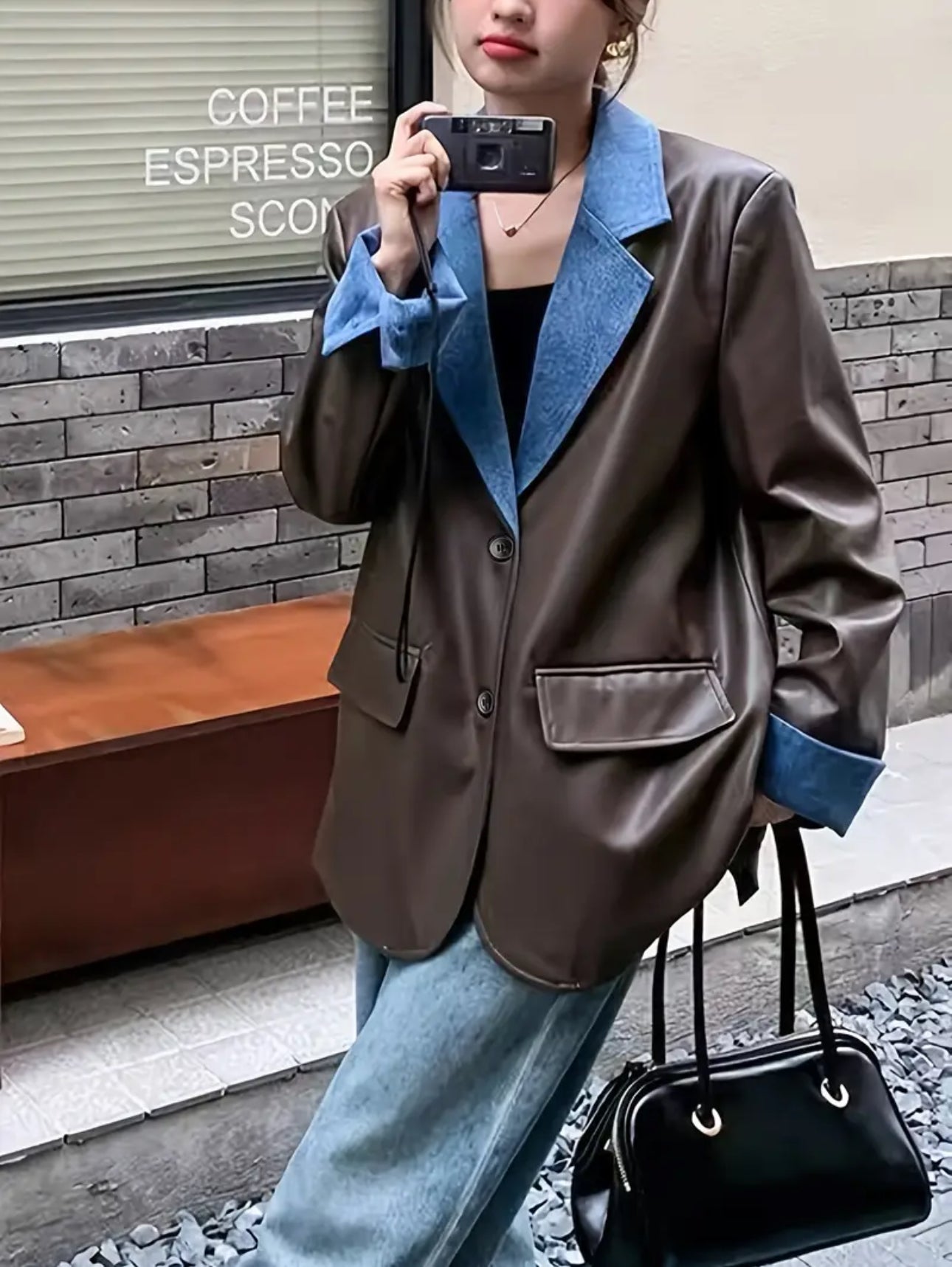 Patricia Leather Denim Patchwork Blazer - Brown