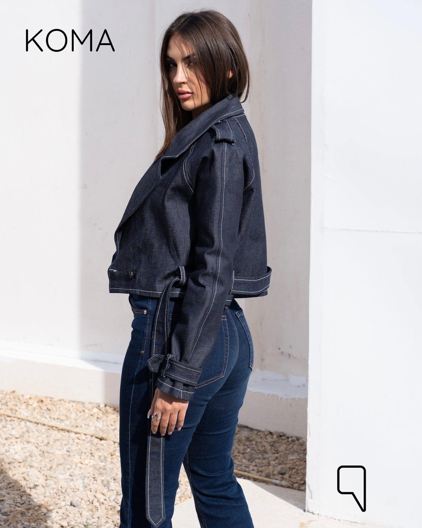 Jeans Double Breasted Lose Trench Jacket - Navy