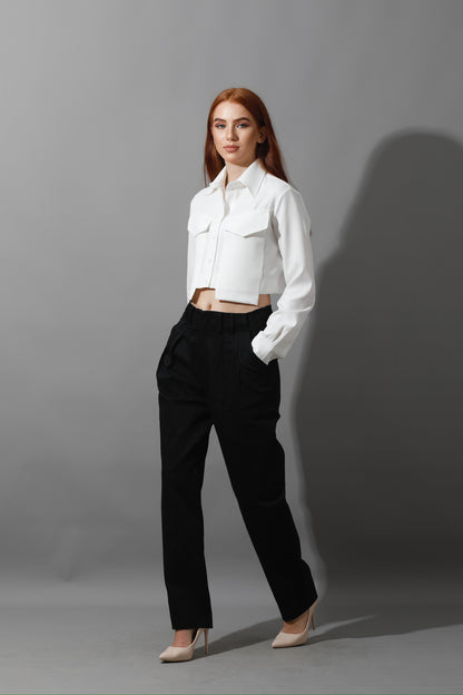 High Rise Paper-Bag Pants - Black