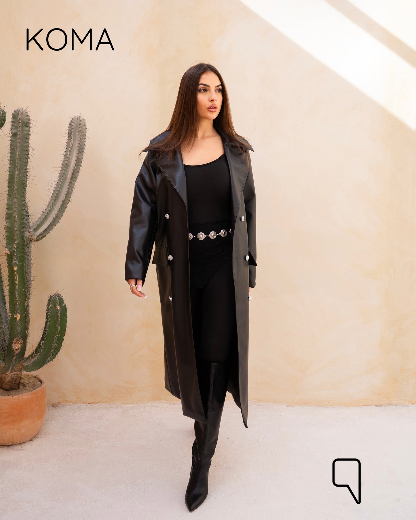 Textured Leather Coat - Black