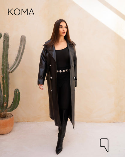 Textured Leather Coat - Black