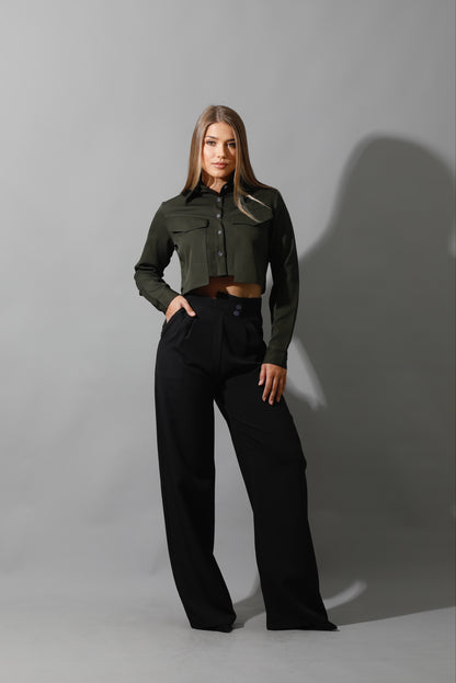 Pockets Cropped Shirt - Olive