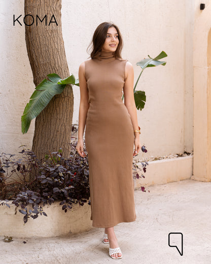 Naomi Halter Neck Midi Sleeveless Dress - Camel