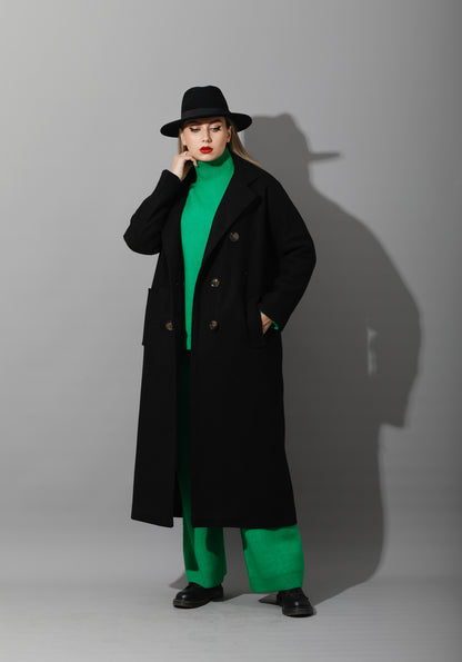 Darcy Long Double Breasted Coat - Black