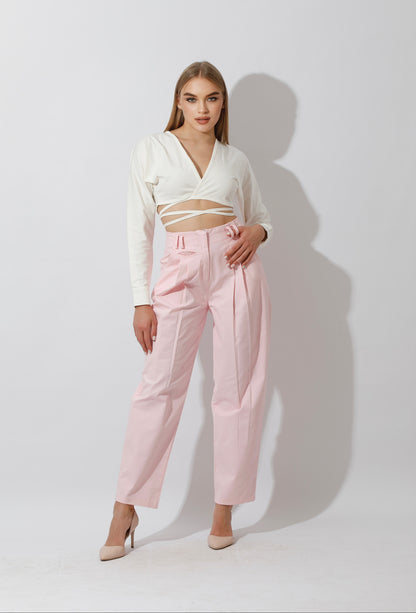 High Rise Paper-Bag Pants - Pink
