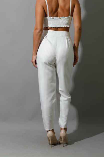 Striped Paper-bag Pants Co-Ord - White