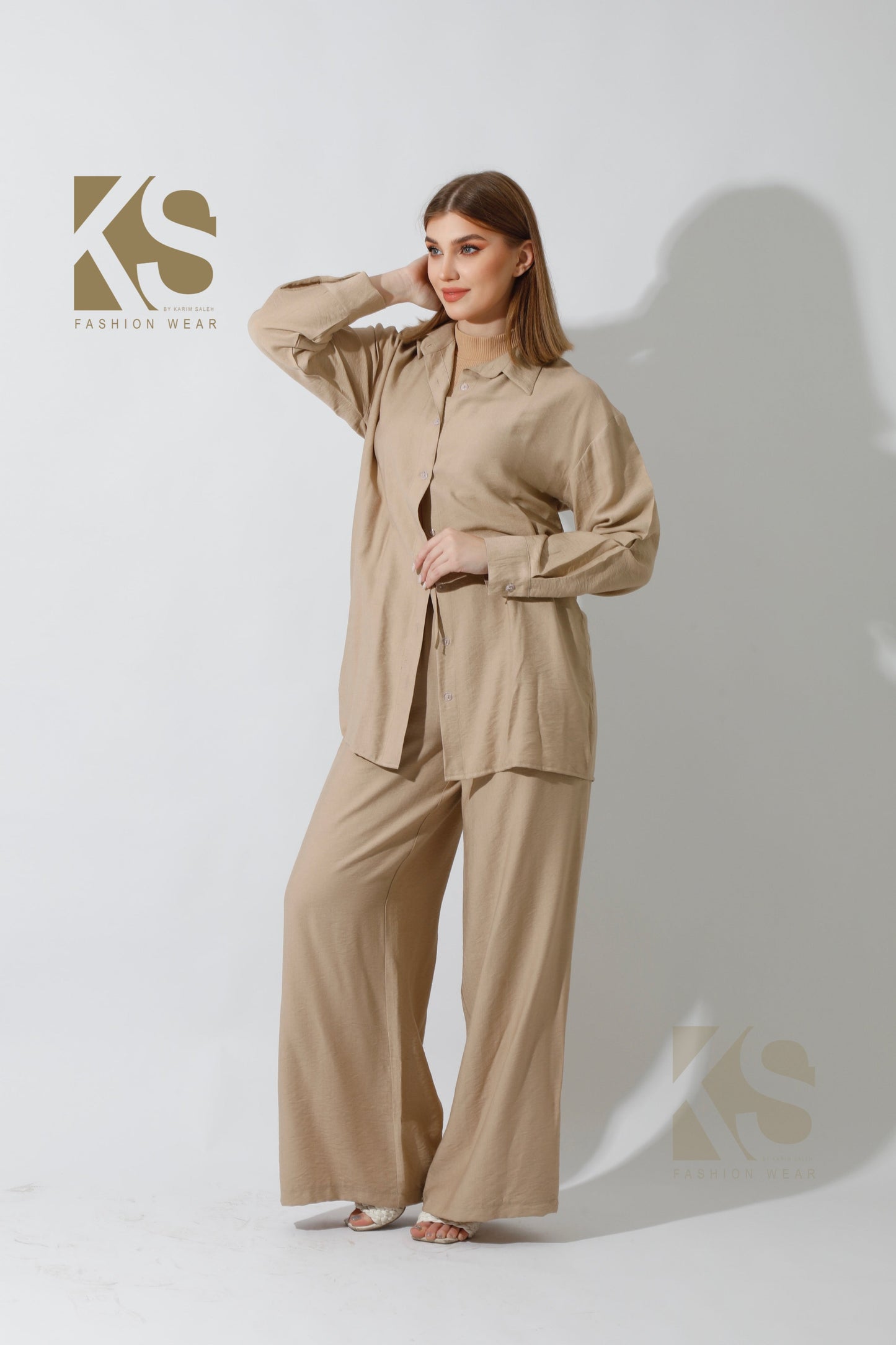 Wide Leg Trousers Set - Beige