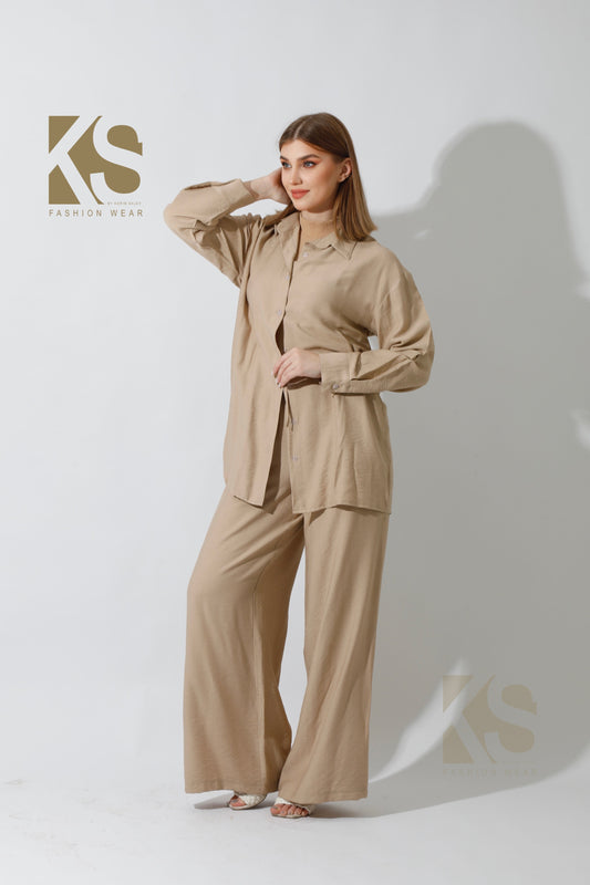 Co-Ord Wide Leg Trousers - Beige