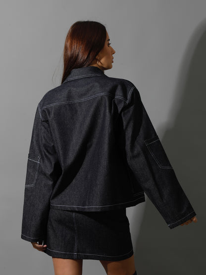 Co-Ord Jeans Sleeves Jacket - Navy Blue