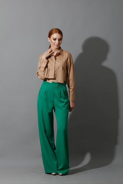 Noelle High Waist Wide Leg Trousers - Green