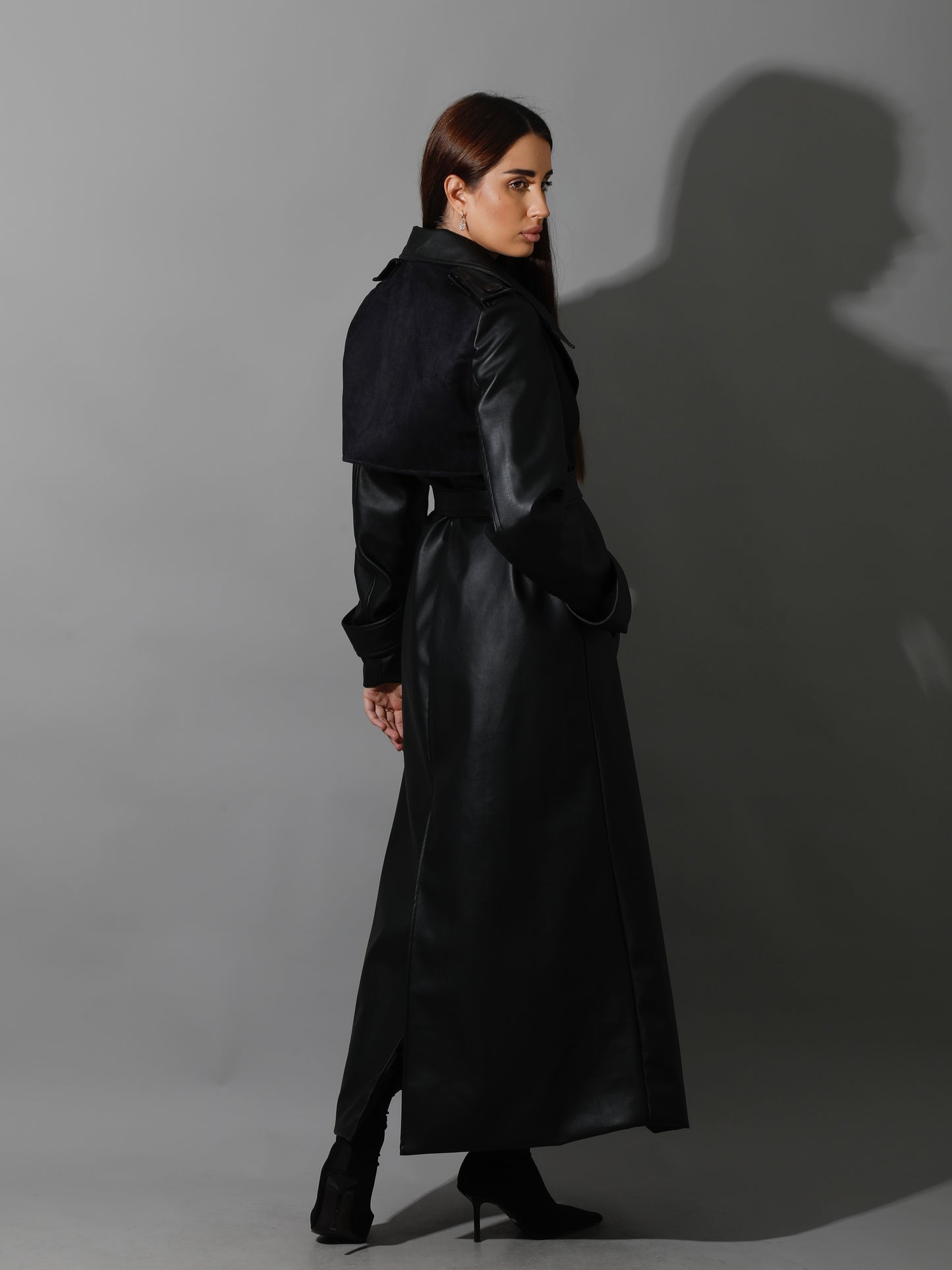 Leather Trench Coat With Suede - Black