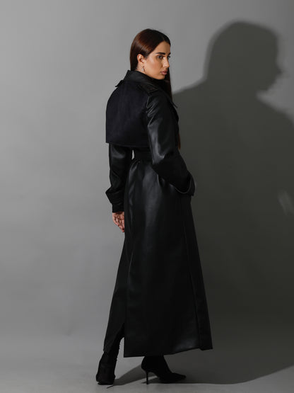 Leather Trench Coat With Suede - Black