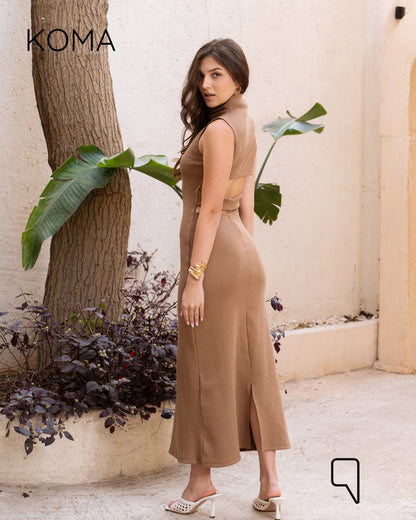 Naomi Halter Neck Midi Sleeveless Dress - Camel