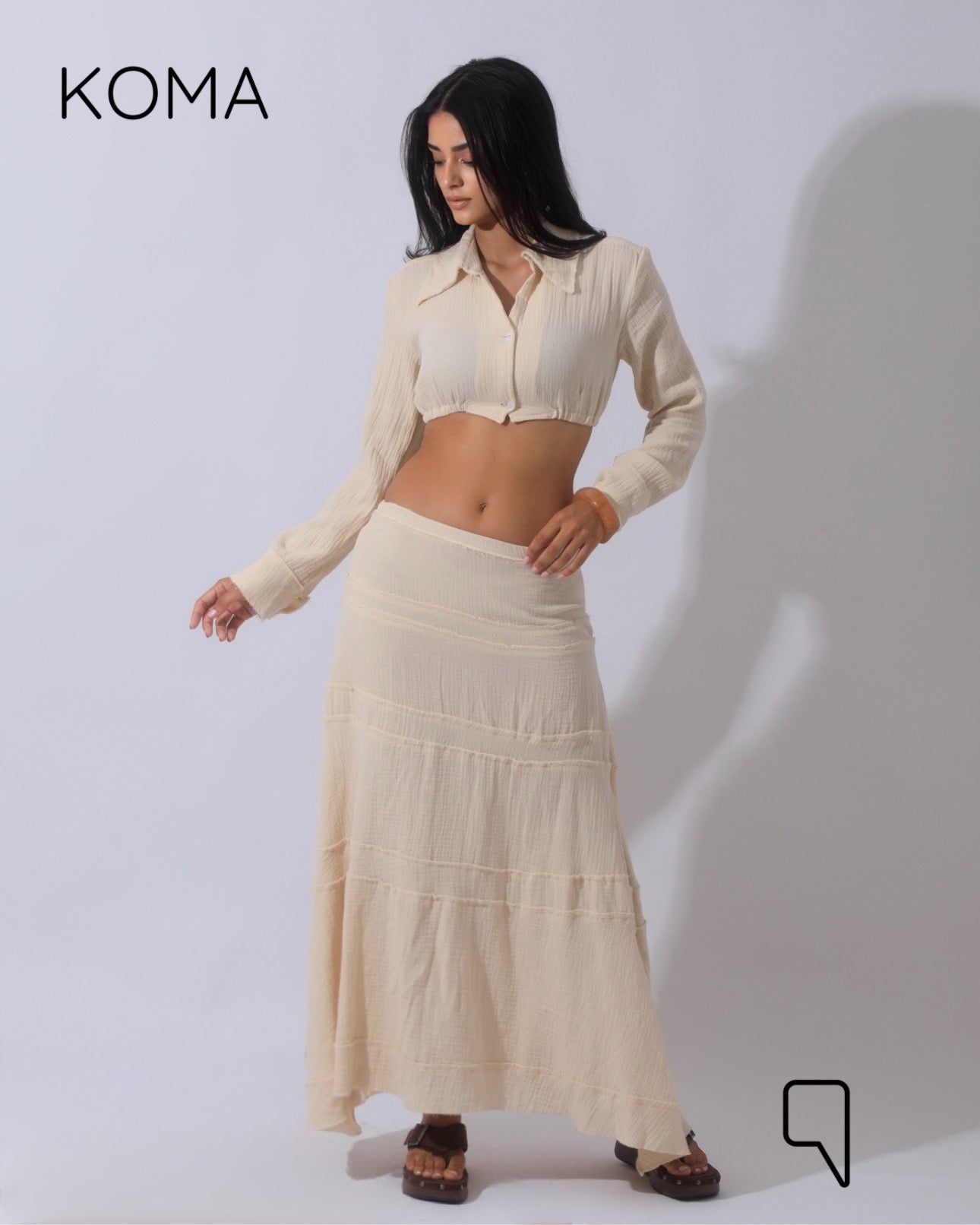 Greta Crincle Cropped Shirt & Skirt Set - Beige