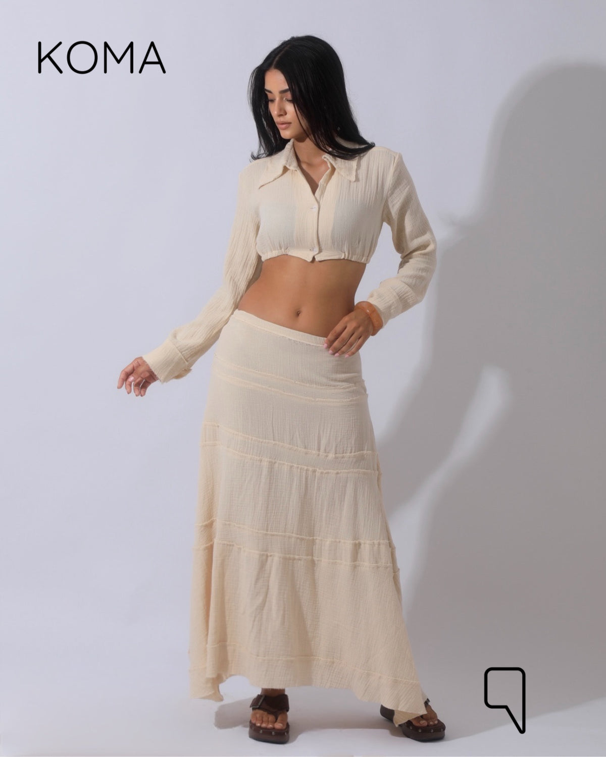 Greta Crincle Cropped Shirt & Skirt Set - Beige