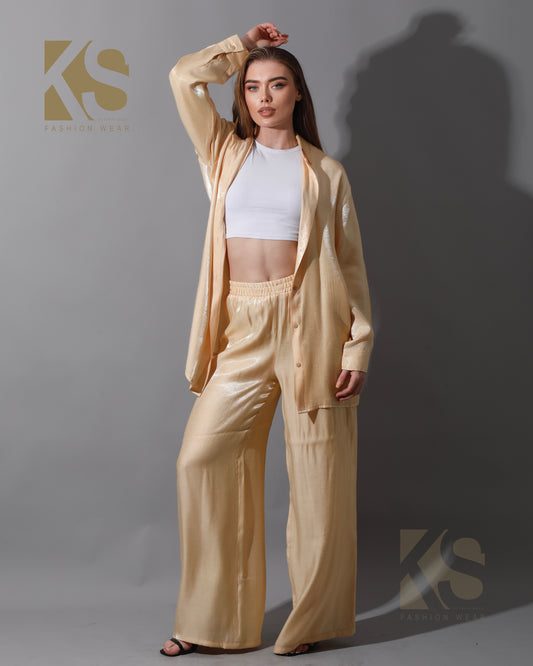 Shemer Long Shirt & Wide Leg Trousers Set - Beige