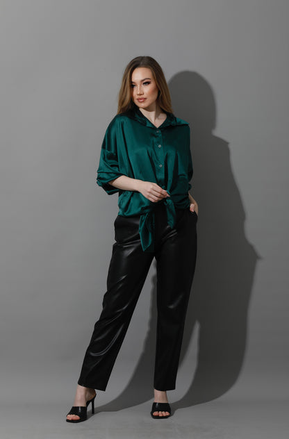 Oversized Satin Blouse - Dark Green