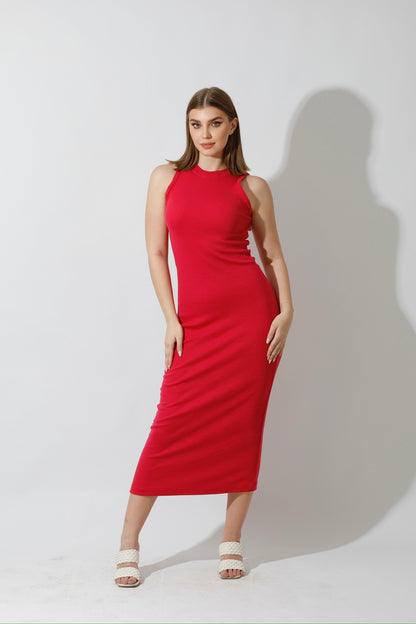 Slinky High Neck Midi Sleeveless Dress - Barbie Pink