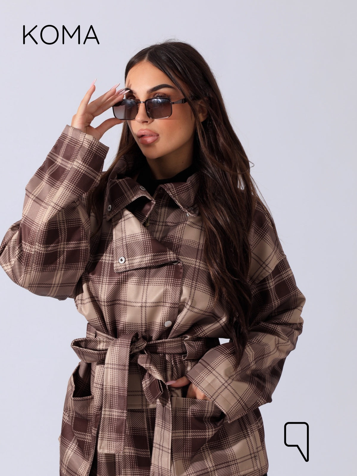 Elizabeth Funnel Neck Trench Coat - Checks Brown