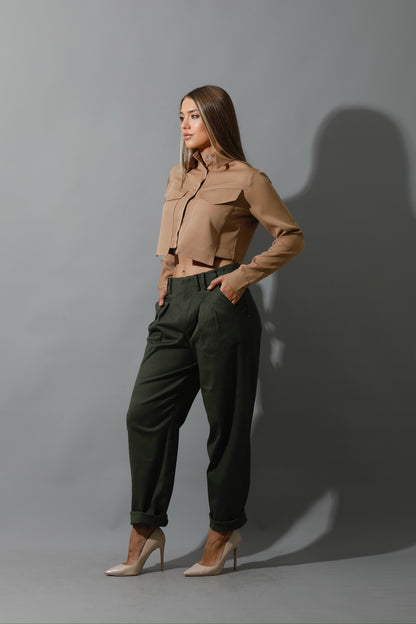 Pockets Cropped Shirt - Beige