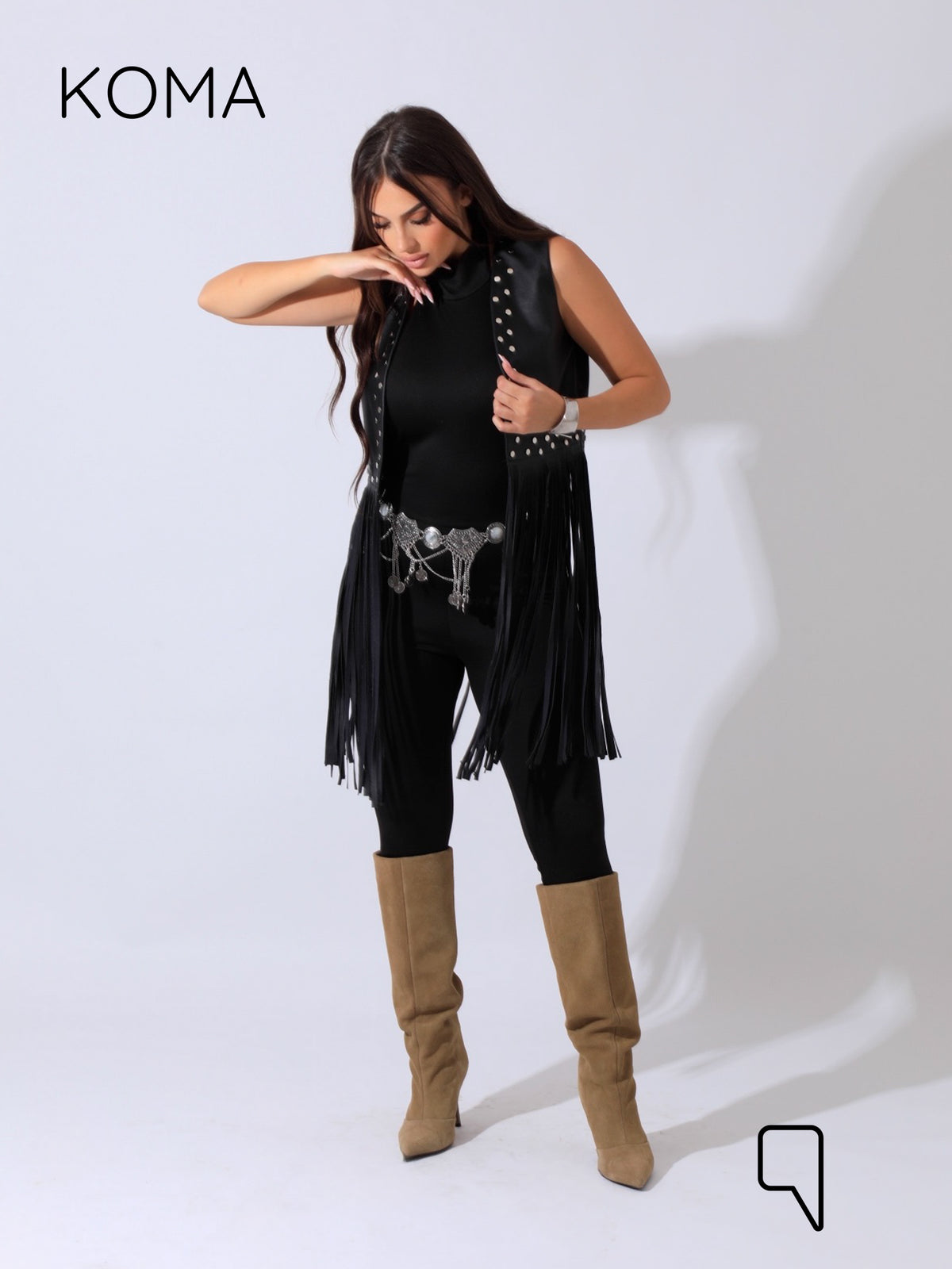 Nicci Leather Fringed Vest - Black