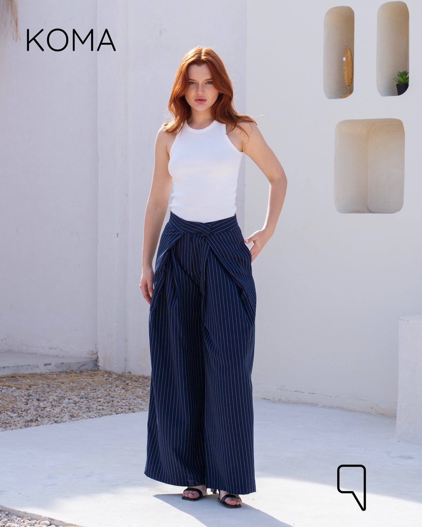 Stripped Double Pleated Trousers - Navy