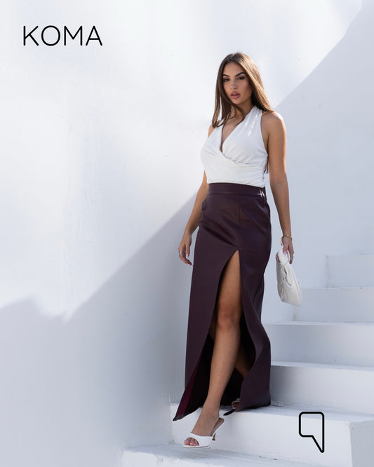 Leather Front Slit Skirt - Maroon