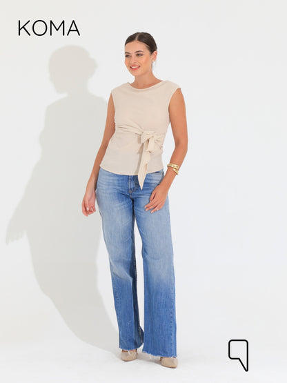 Paula Tied Up Cut Top  - Beige