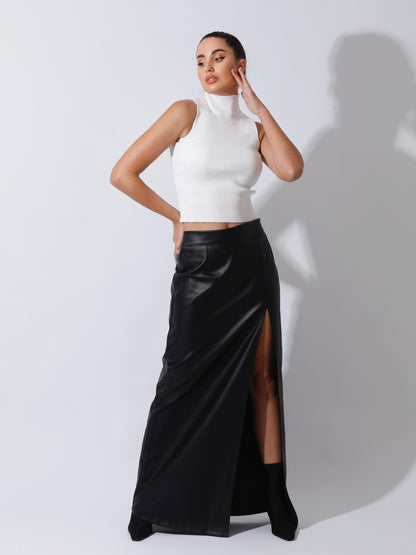 Leather Front Slit Skirt - Black