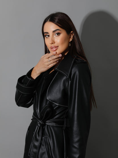 Leather Trench Coat With White Stitch - Black