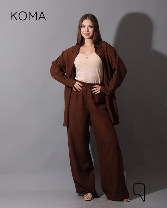 Co-Ord Lenin Long Sleeve Shirt & Wide Leg Trousers - Brown