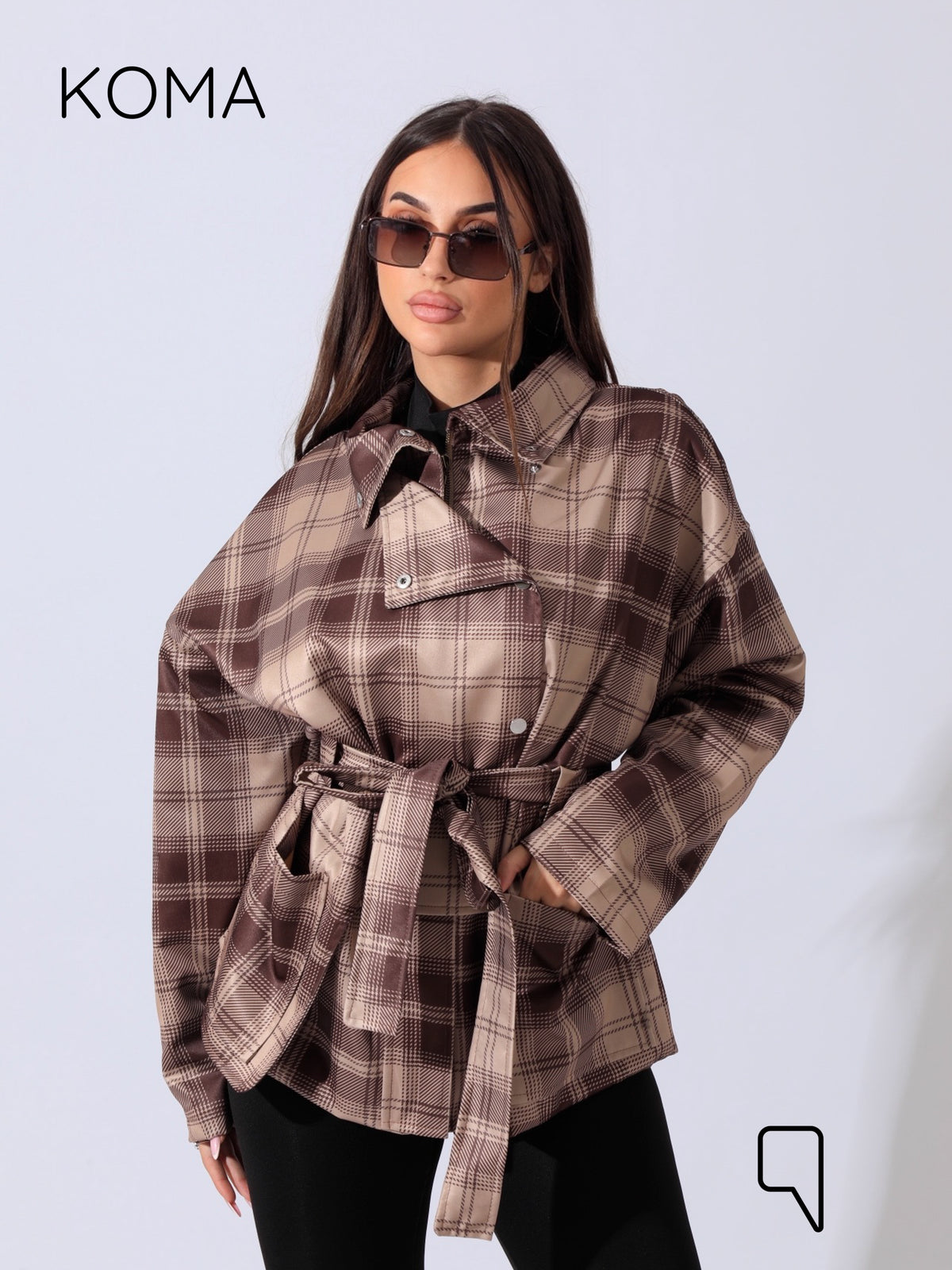 Elizabeth Funnel Neck Trench Coat - Checks Brown