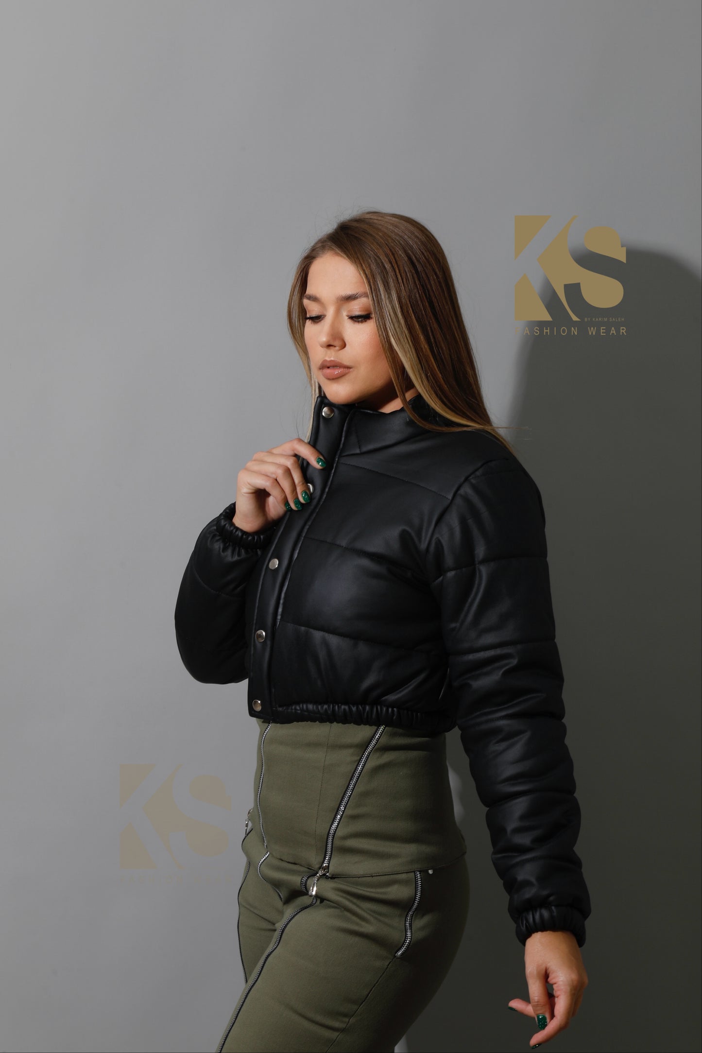 Leather Puffer Cropped Jacket - Black