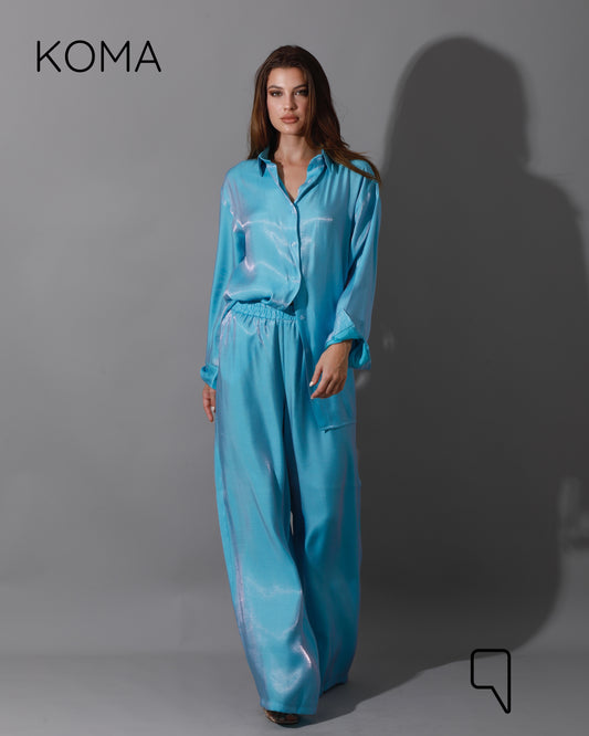 Shemer Long Shirt & Wide Leg Trousers Set - Turquoise