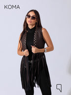 Nicci Leather Fringed Vest - Brown